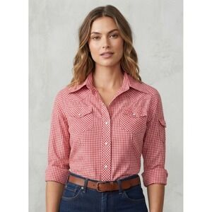 Hot Line Gingham Western Pearl Snap Button Down Shirt Red White Vintage 14